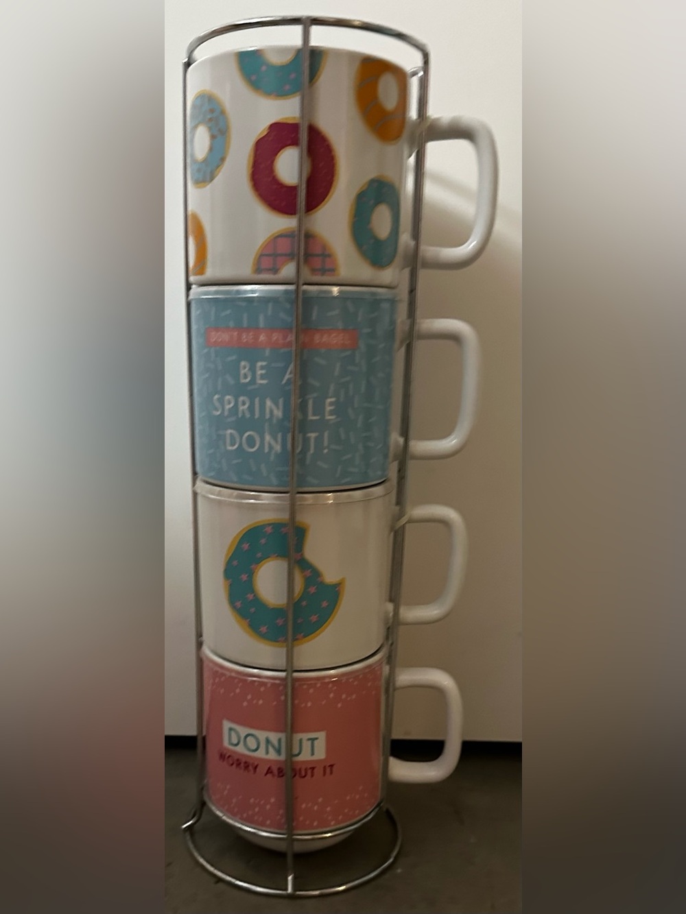 Stackable mugs and stand: Blue Donut Print Ceramic Mugs
